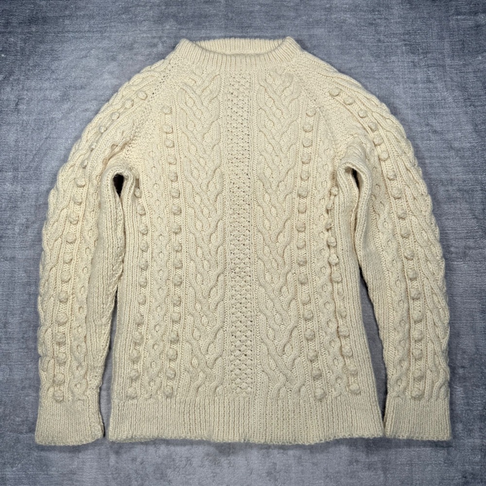 Vintage Handknit Sweater Mens Large Cream Wool Popcorn Bobble Fisherman Cable